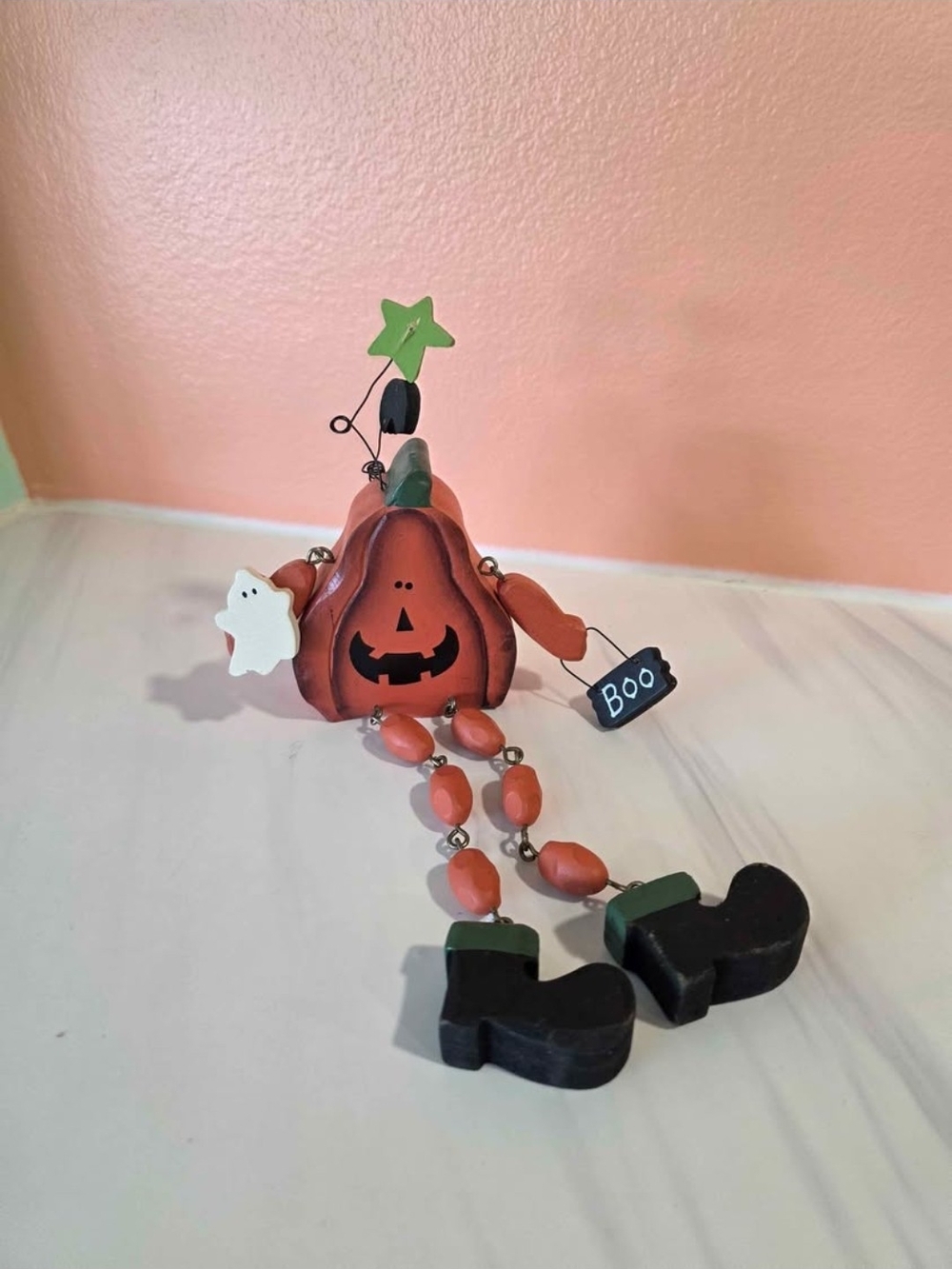 Vintage Orange and Black Wooden Pumpkin Hanging Shelf Sitter